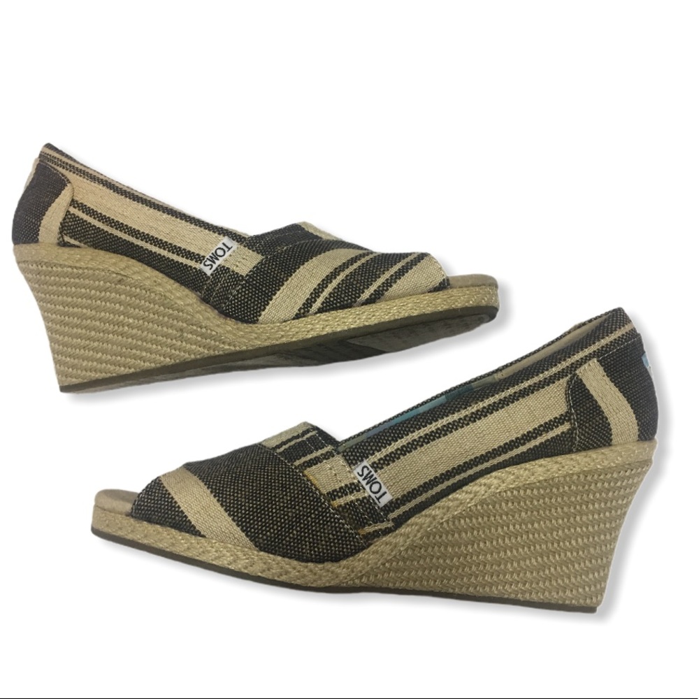 TOMS Kenya Stripe Wedges Shoes Open Toe Burlap Rope Sole See desc. Size 10